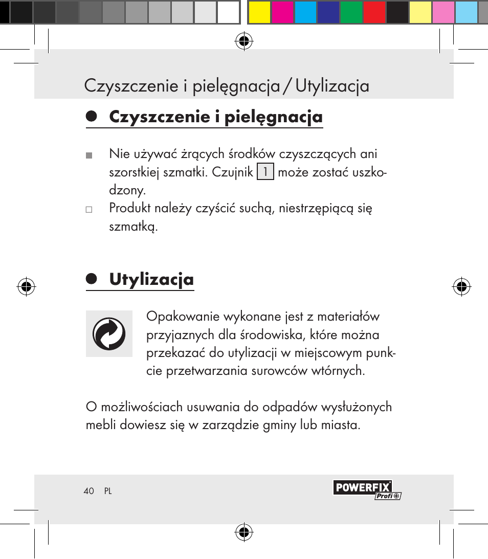 Czyszczenie i pielęgnacja, Utylizacja | Powerfix Motion Sensor User Manual | Page 40 / 65