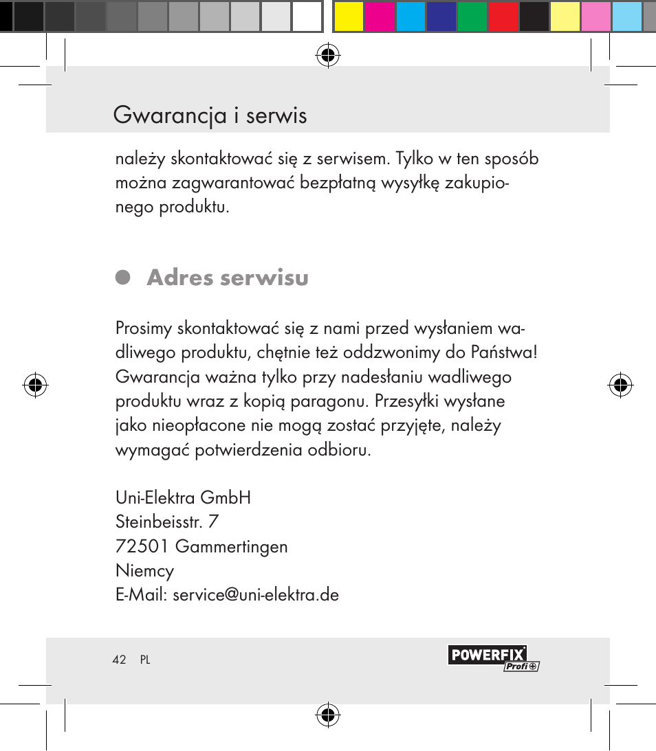 Gwarancja i serwis, Adres serwisu | Powerfix Motion Sensor User Manual | Page 42 / 65