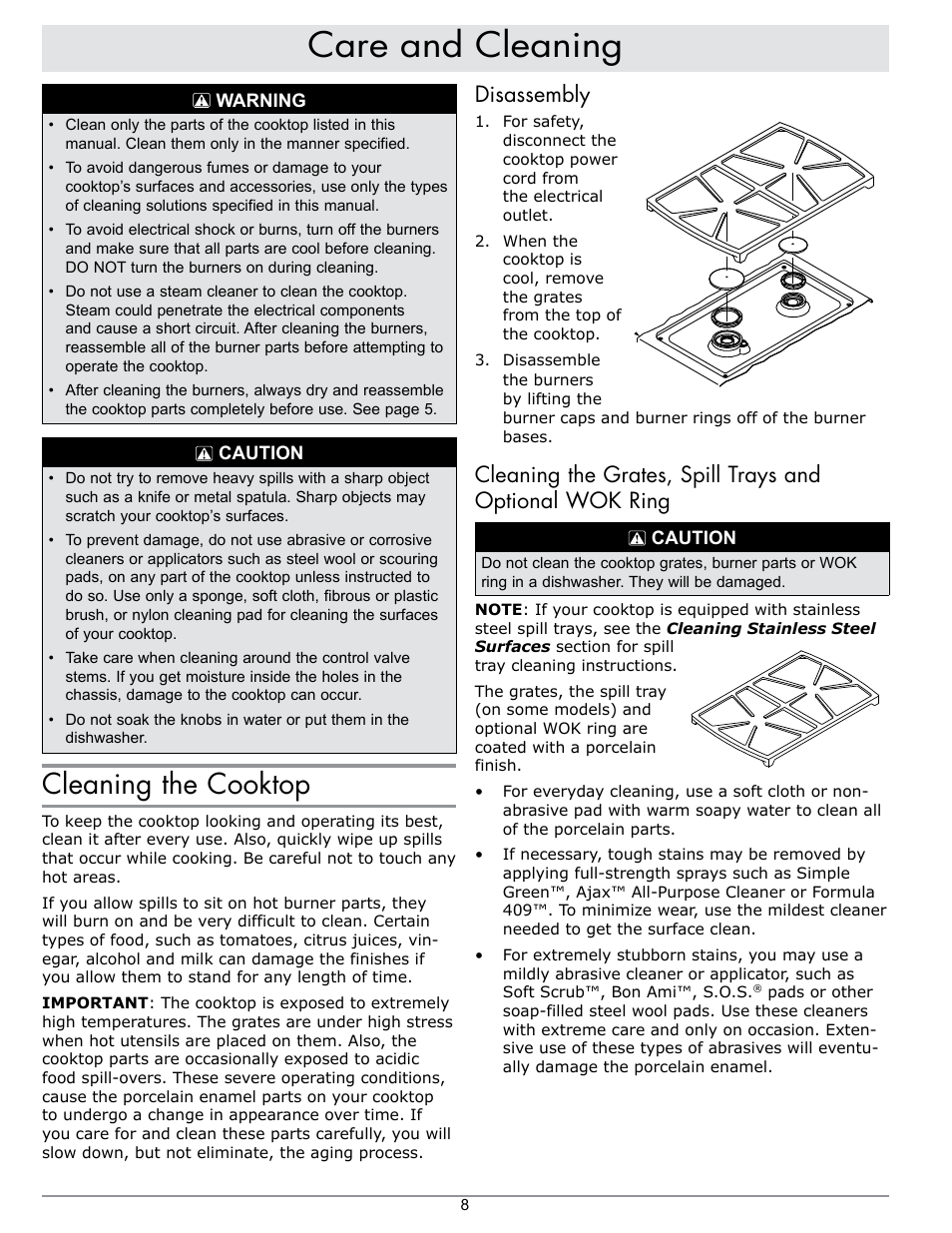 Care and cleaning, Cleaning the cooktop, Disassembly | Dacor SGM466 User Manual | Page 10 / 16