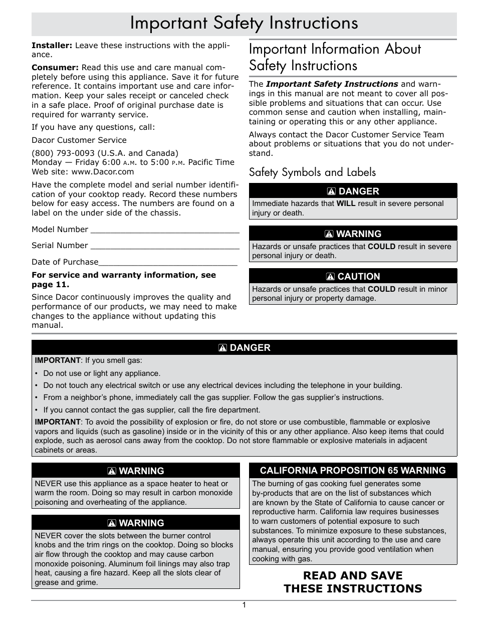 Important safety instructions, Important information about safety instructions, Safety symbols and labels | Read and save these instructions | Dacor SGM466 User Manual | Page 3 / 16