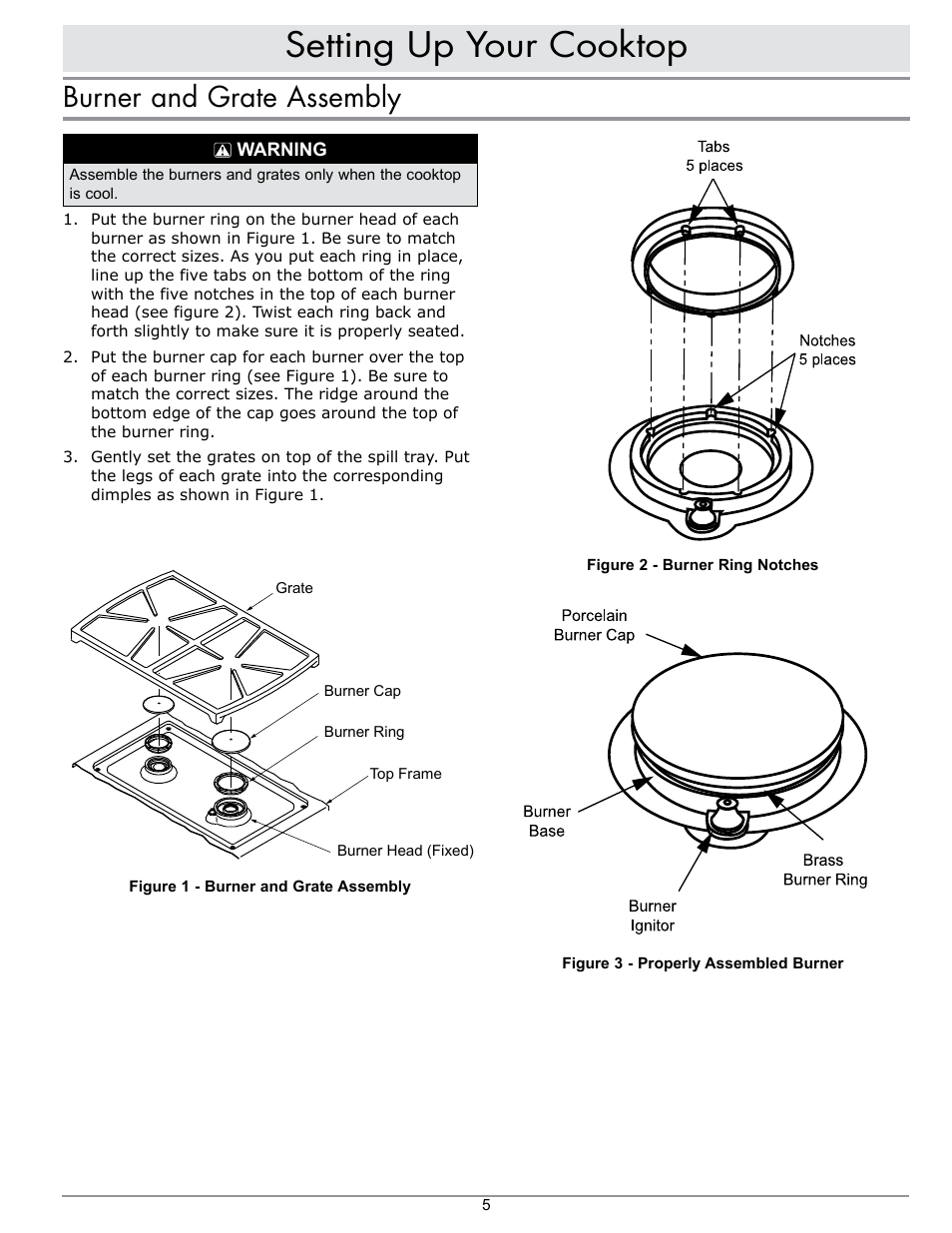 Setting up your cooktop, Burner and grate assembly | Dacor SGM466 User Manual | Page 7 / 16