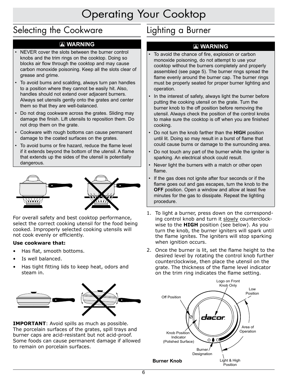 Operating your cooktop, Lighting a burner, Selecting the cookware | Dacor SGM466 User Manual | Page 8 / 16