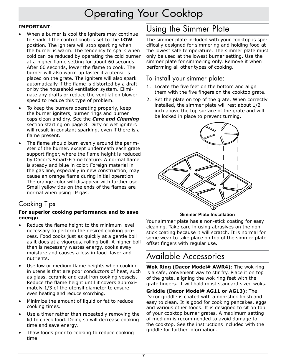 Operating your cooktop, Using the simmer plate, Available accessories | Cooking tips | Dacor SGM466 User Manual | Page 9 / 16