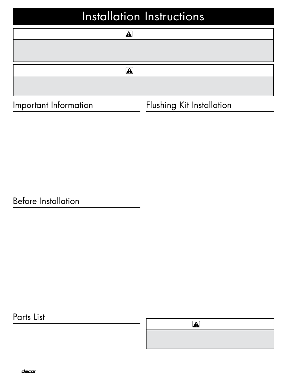 Installation instructions, Flushing kit installation, Important information | Before installation, Parts list | Dacor Flushing System Kit ACFS User Manual | Page 4 / 8