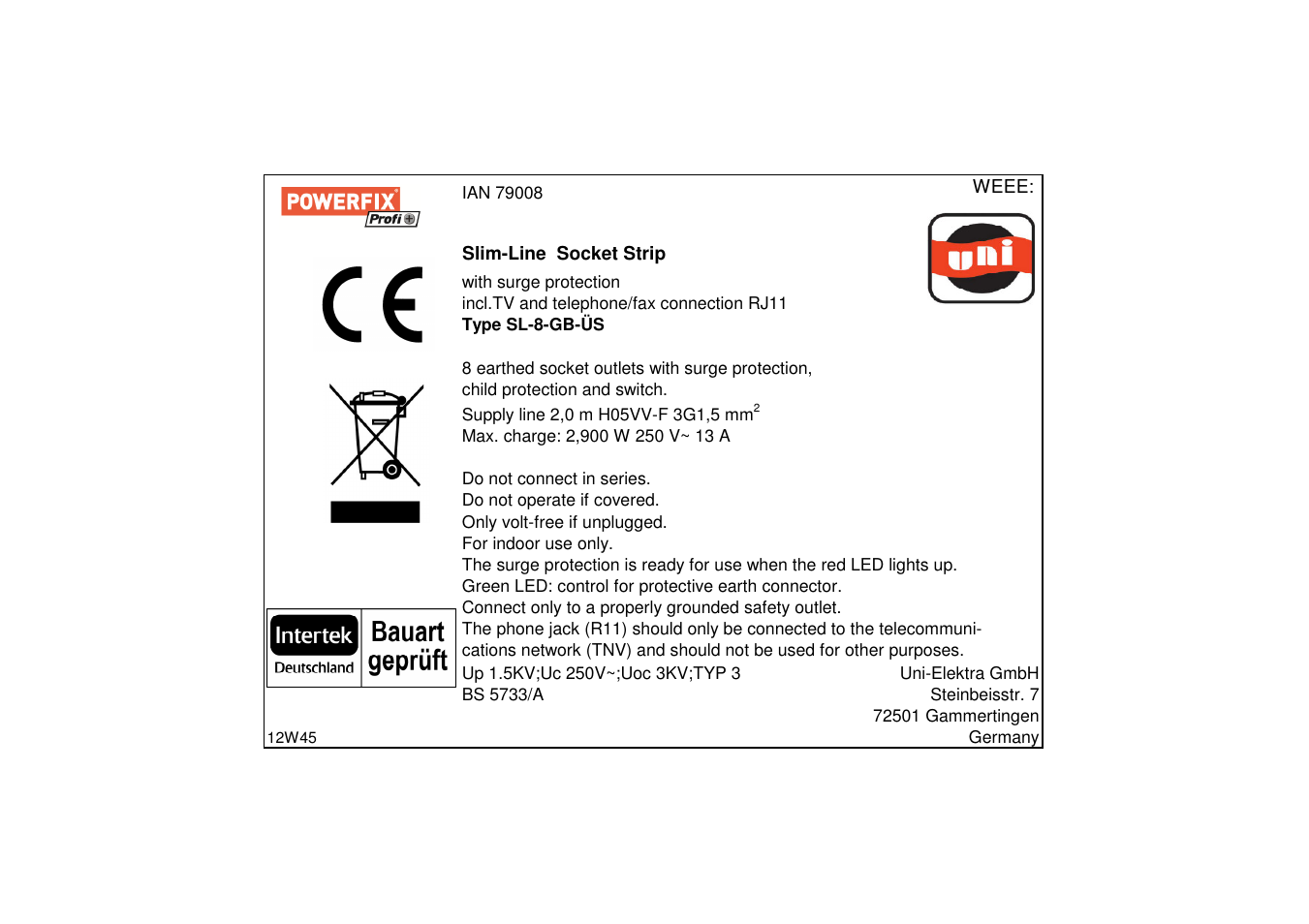 Powerfix Extension Lead User Manual | 1 page