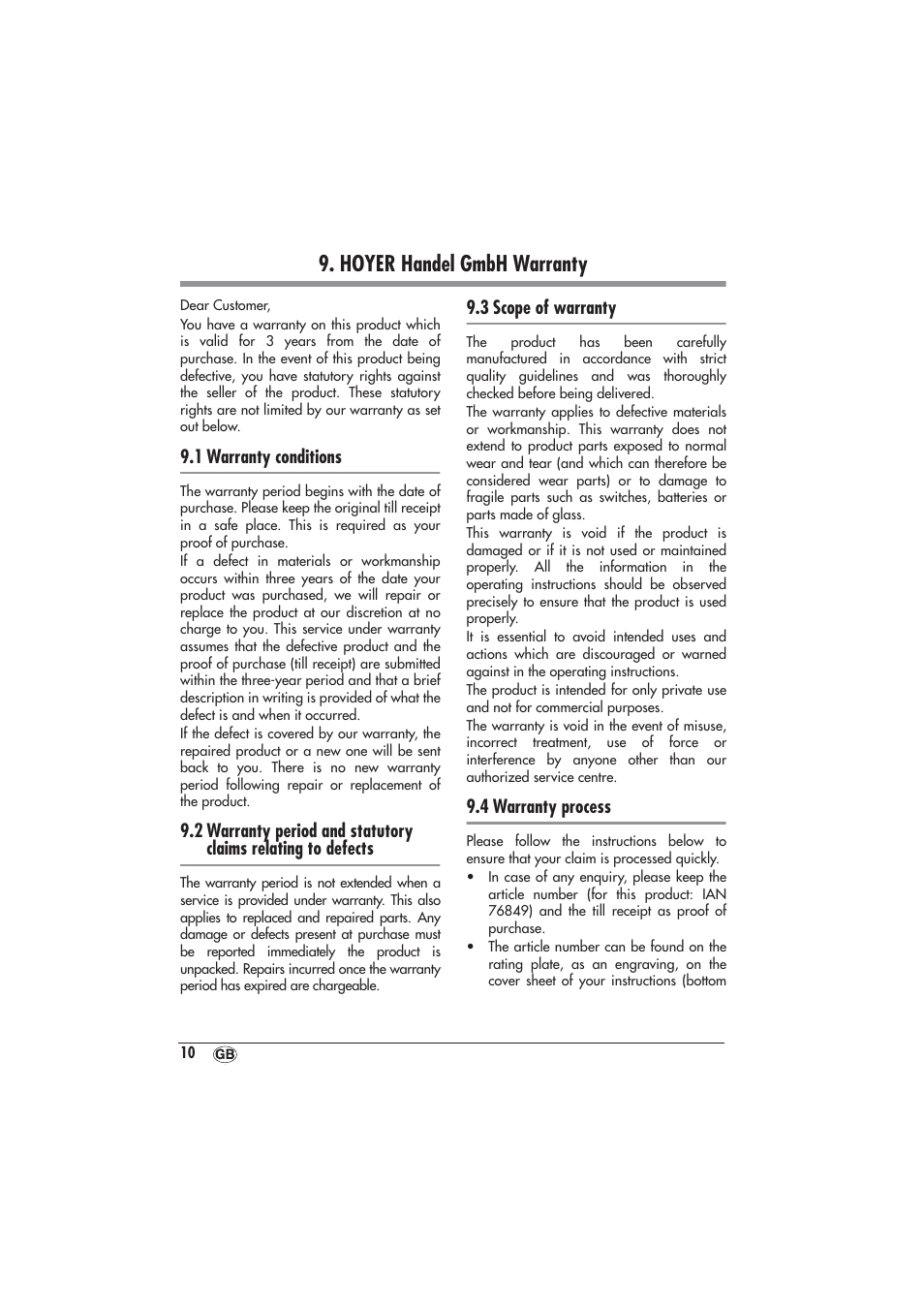 Hoyer handel gmbh warranty | Powerfix PTW 1500 A1 User Manual | Page 12 / 14