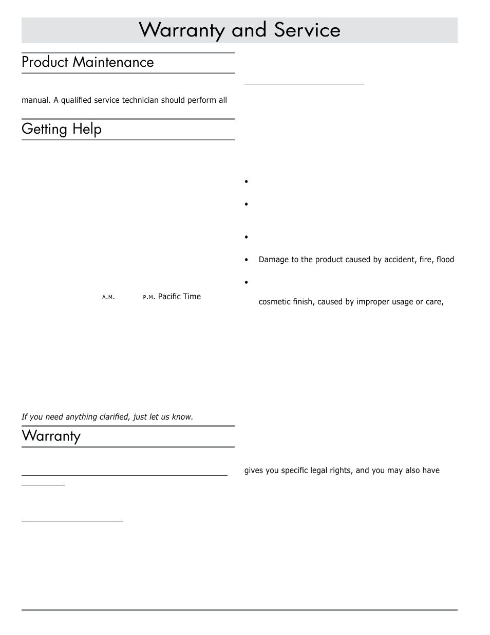 Warranty and service, Product maintenance, Getting help | Warranty, What is covered, What is not covered | Dacor PWD30 User Manual | Page 10 / 12
