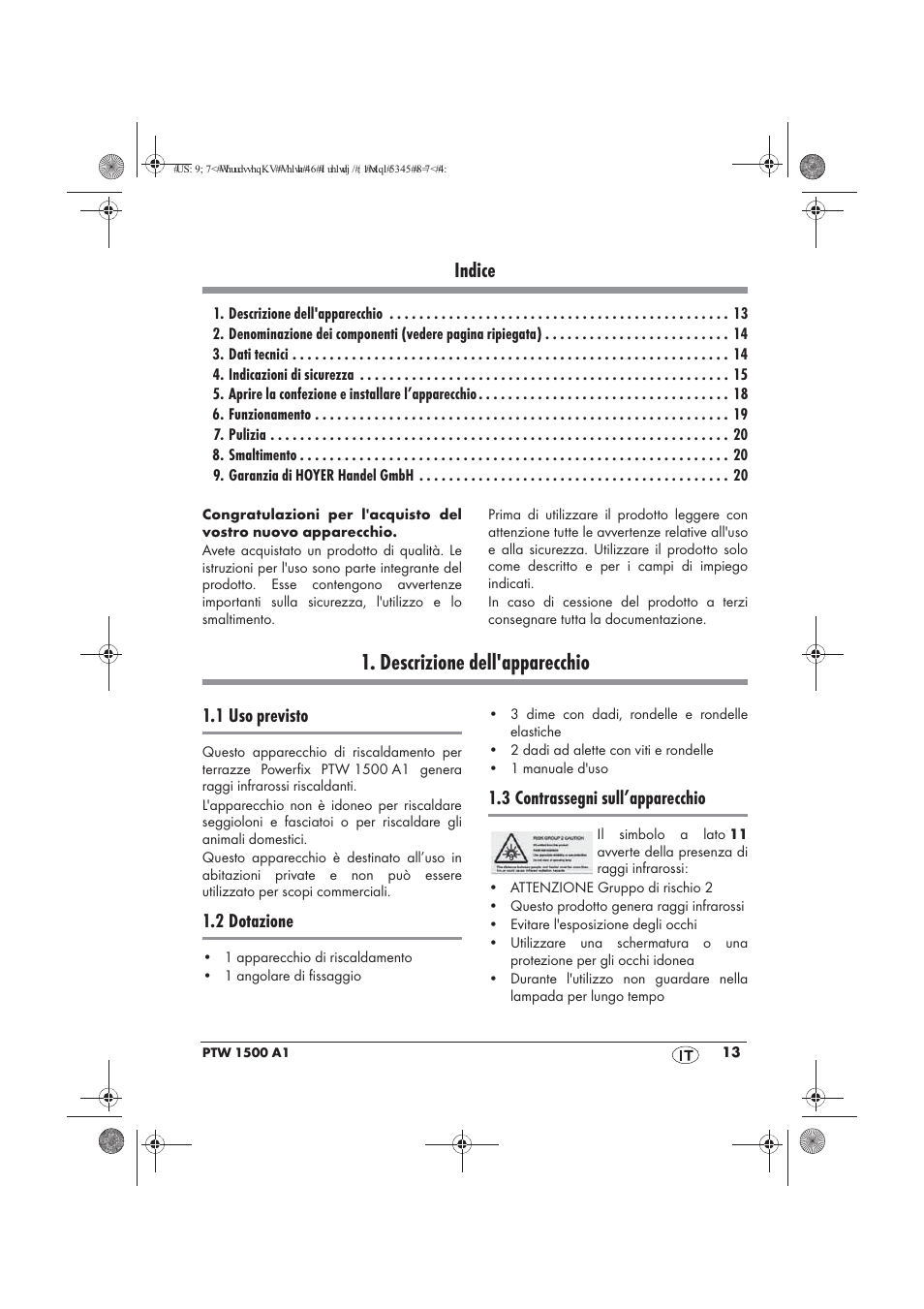 Descrizione dell'apparecchio, Indice, 1 uso previsto | 2 dotazione, 3 contrassegni sull’apparecchio | Powerfix PTW 1500 A1 User Manual | Page 15 / 54