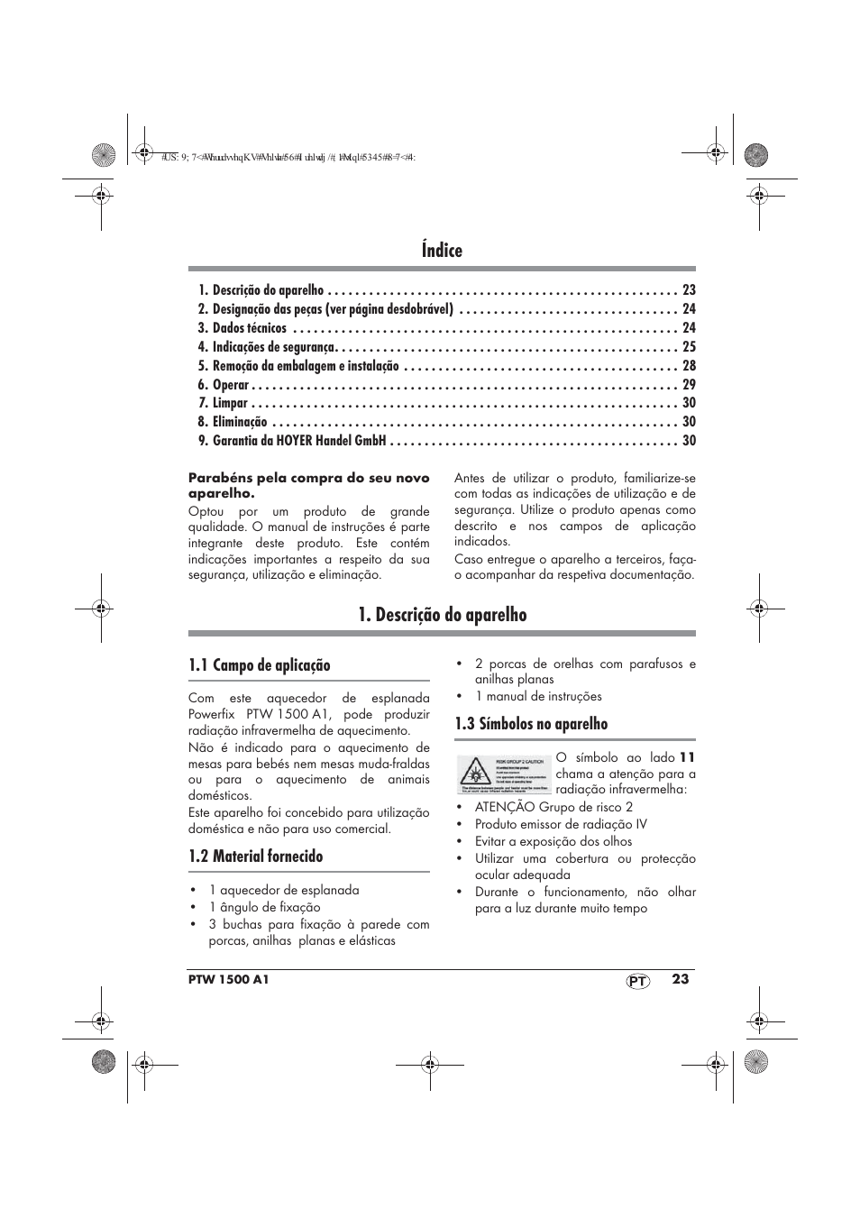 Índice, Descrição do aparelho, 1 campo de aplicação | 2 material fornecido, 3 símbolos no aparelho | Powerfix PTW 1500 A1 User Manual | Page 25 / 54