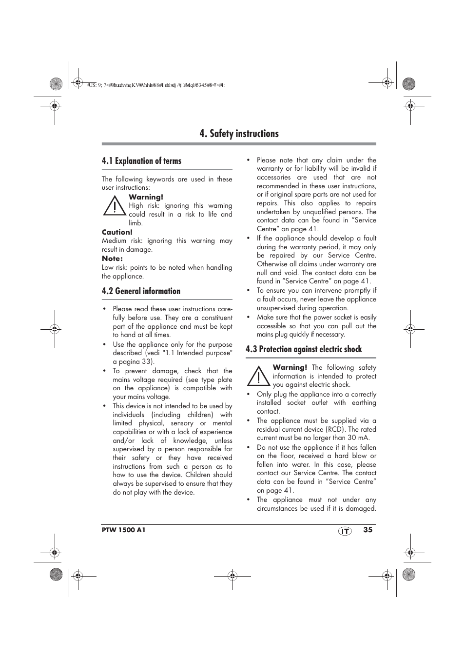Safety instructions, 1 explanation of terms, 2 general information | 3 protection against electric shock | Powerfix PTW 1500 A1 User Manual | Page 37 / 54