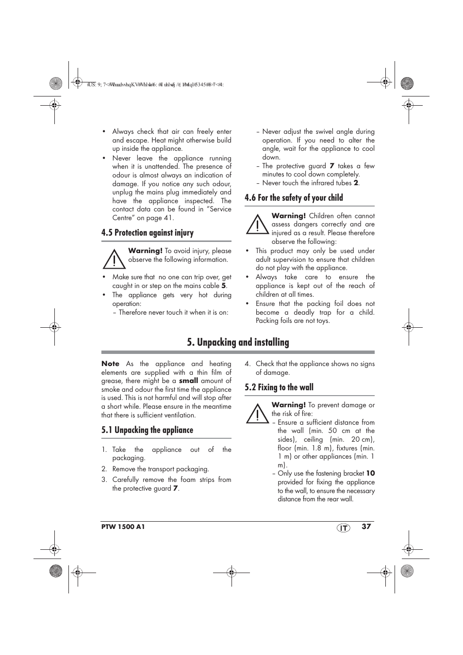 Unpacking and installing, 5 protection against injury, 6 for the safety of your child | 1 unpacking the appliance, 2 fixing to the wall | Powerfix PTW 1500 A1 User Manual | Page 39 / 54