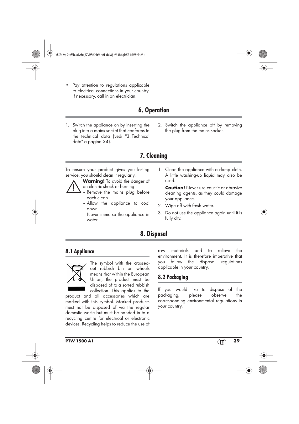Operation, Cleaning, Disposal | 1 appliance, 2 packaging | Powerfix PTW 1500 A1 User Manual | Page 41 / 54