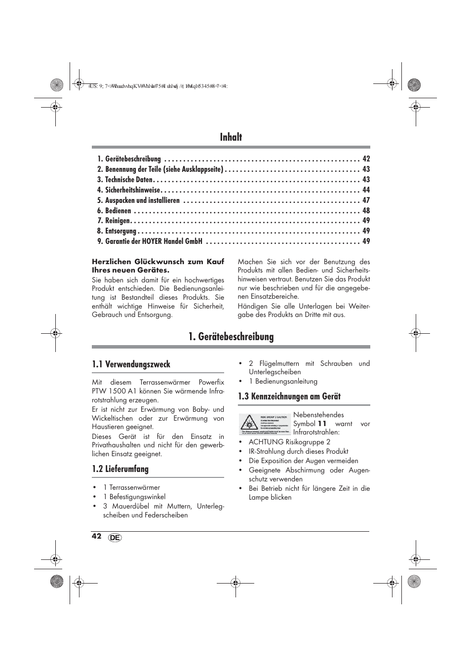 Inhalt, Gerätebeschreibung | Powerfix PTW 1500 A1 User Manual | Page 44 / 54