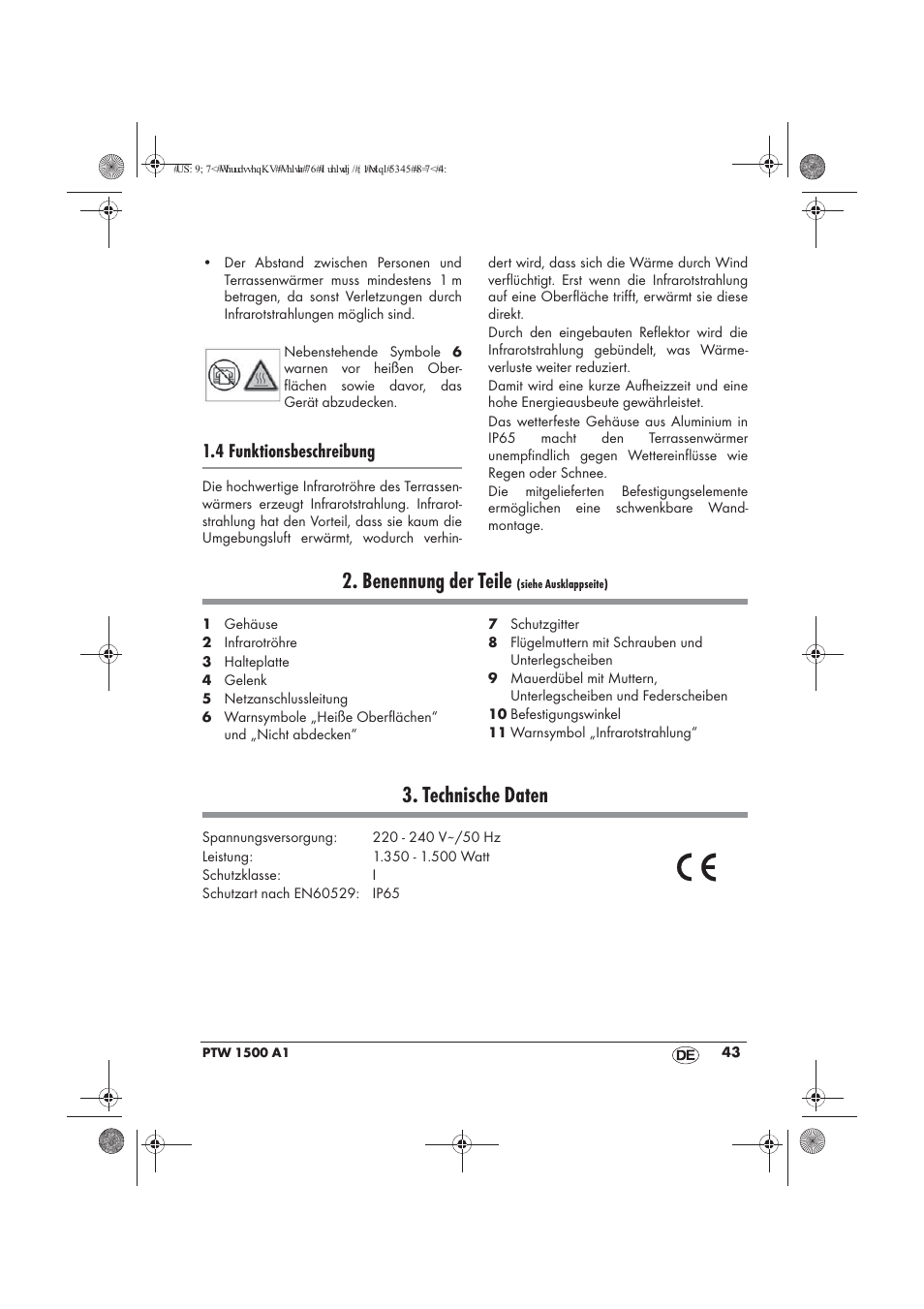 Benennung der teile, Technische daten, 4 funktionsbeschreibung | Powerfix PTW 1500 A1 User Manual | Page 45 / 54
