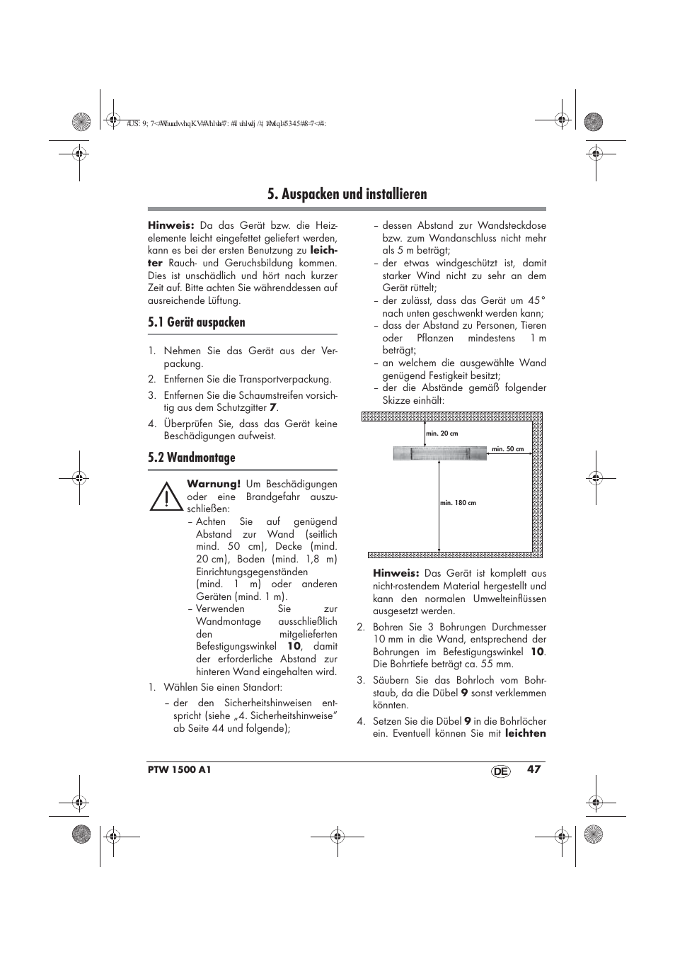 Auspacken und installieren, 1 gerät auspacken, 2 wandmontage | Powerfix PTW 1500 A1 User Manual | Page 49 / 54
