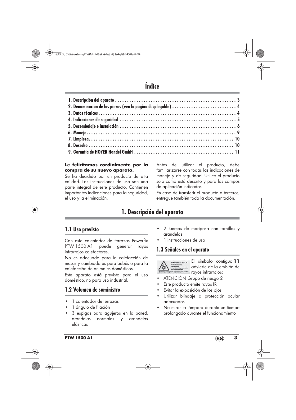 Índice, Descripción del aparato, 1 uso previsto | 2 volumen de suministro, 3 señales en el aparato | Powerfix PTW 1500 A1 User Manual | Page 5 / 54