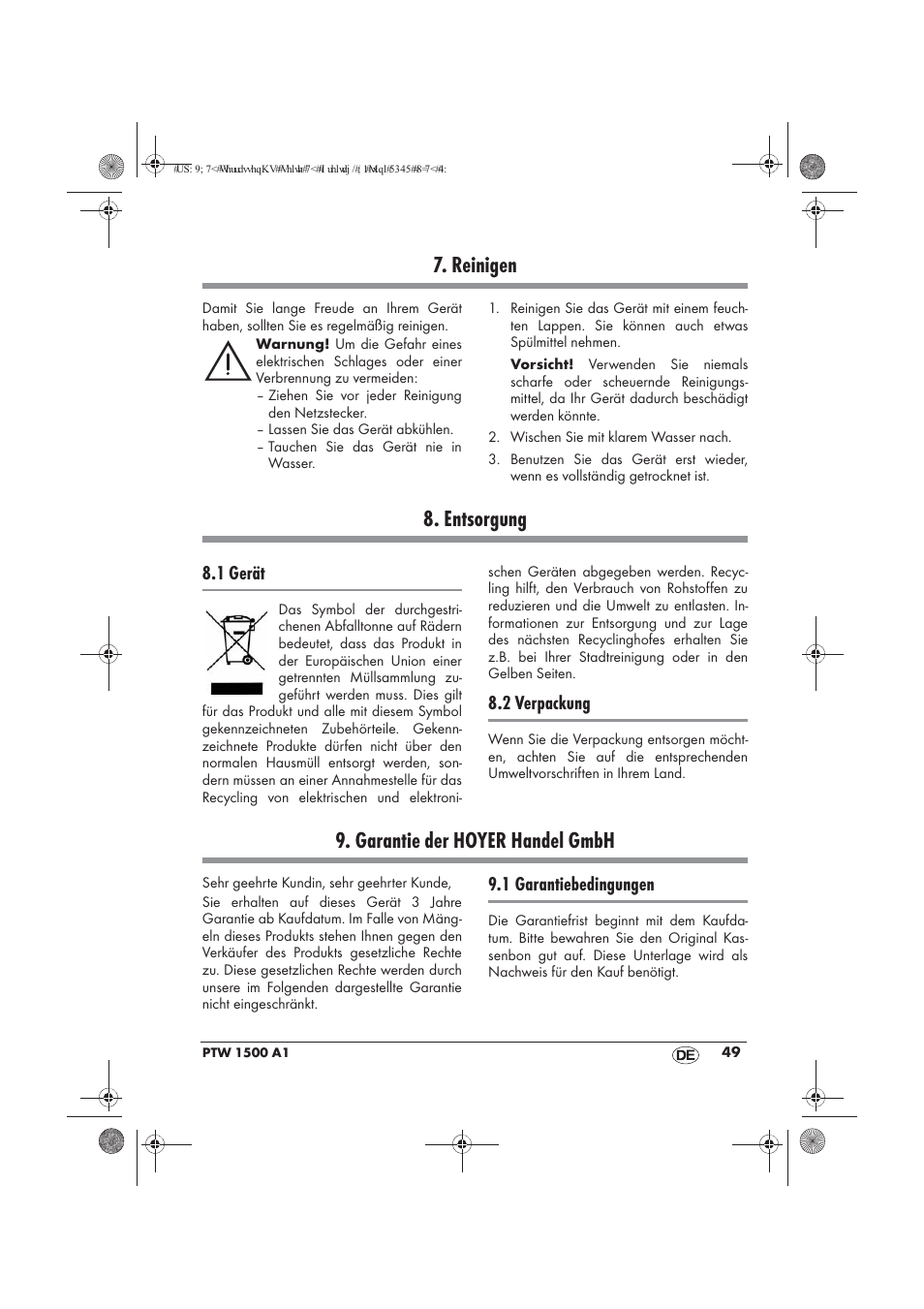 Reinigen, Entsorgung, Garantie der hoyer handel gmbh | 1 gerät, 2 verpackung, 1 garantiebedingungen | Powerfix PTW 1500 A1 User Manual | Page 51 / 54
