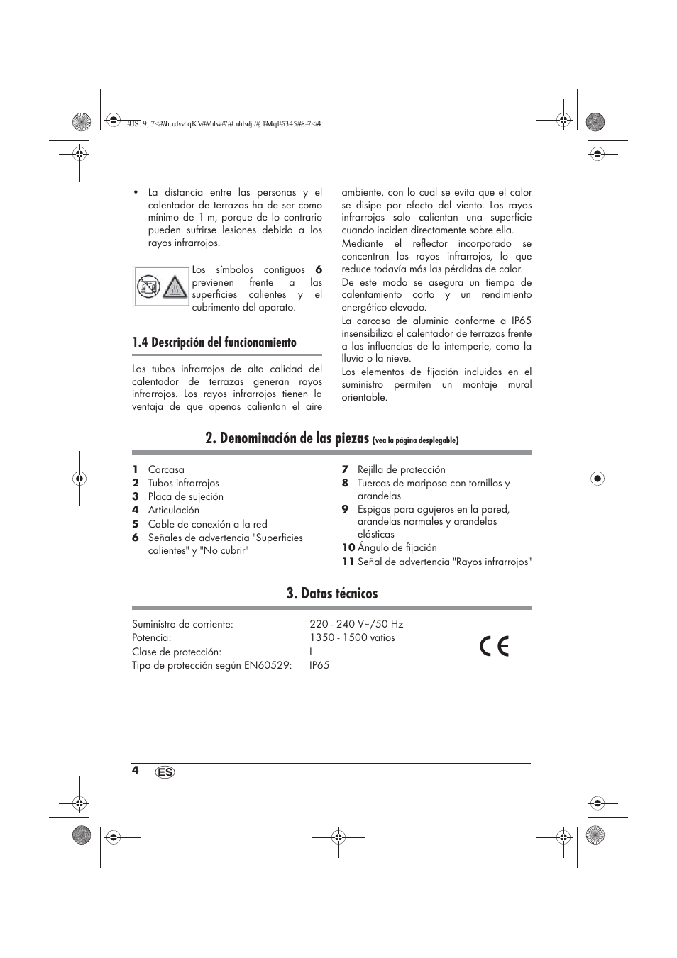 Denominación de las piezas, Datos técnicos, 4 descripción del funcionamiento | Powerfix PTW 1500 A1 User Manual | Page 6 / 54