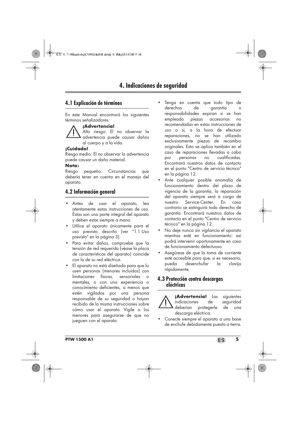 Indicaciones de seguridad, 1 explicación de términos, 2 información general | 3 protección contra descargas eléctricas | Powerfix PTW 1500 A1 User Manual | Page 7 / 54