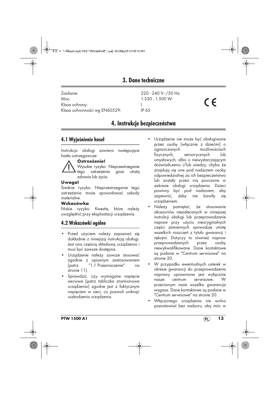 Dane techniczne, Instrukcje bezpieczeństwa, 1 wyjaśnienie haseł | 2 wskazówki ogólne | Powerfix PTW 1500 A1 User Manual | Page 15 / 74