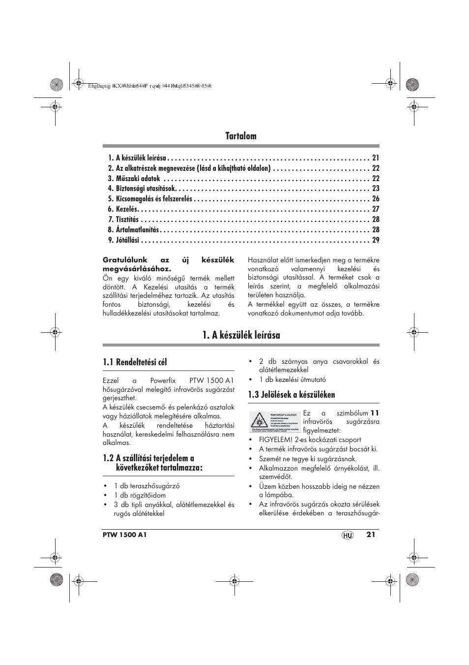 A készülék leírása, Tartalom, 1 rendeltetési cél | 3 jelölések a készüléken | Powerfix PTW 1500 A1 User Manual | Page 23 / 74