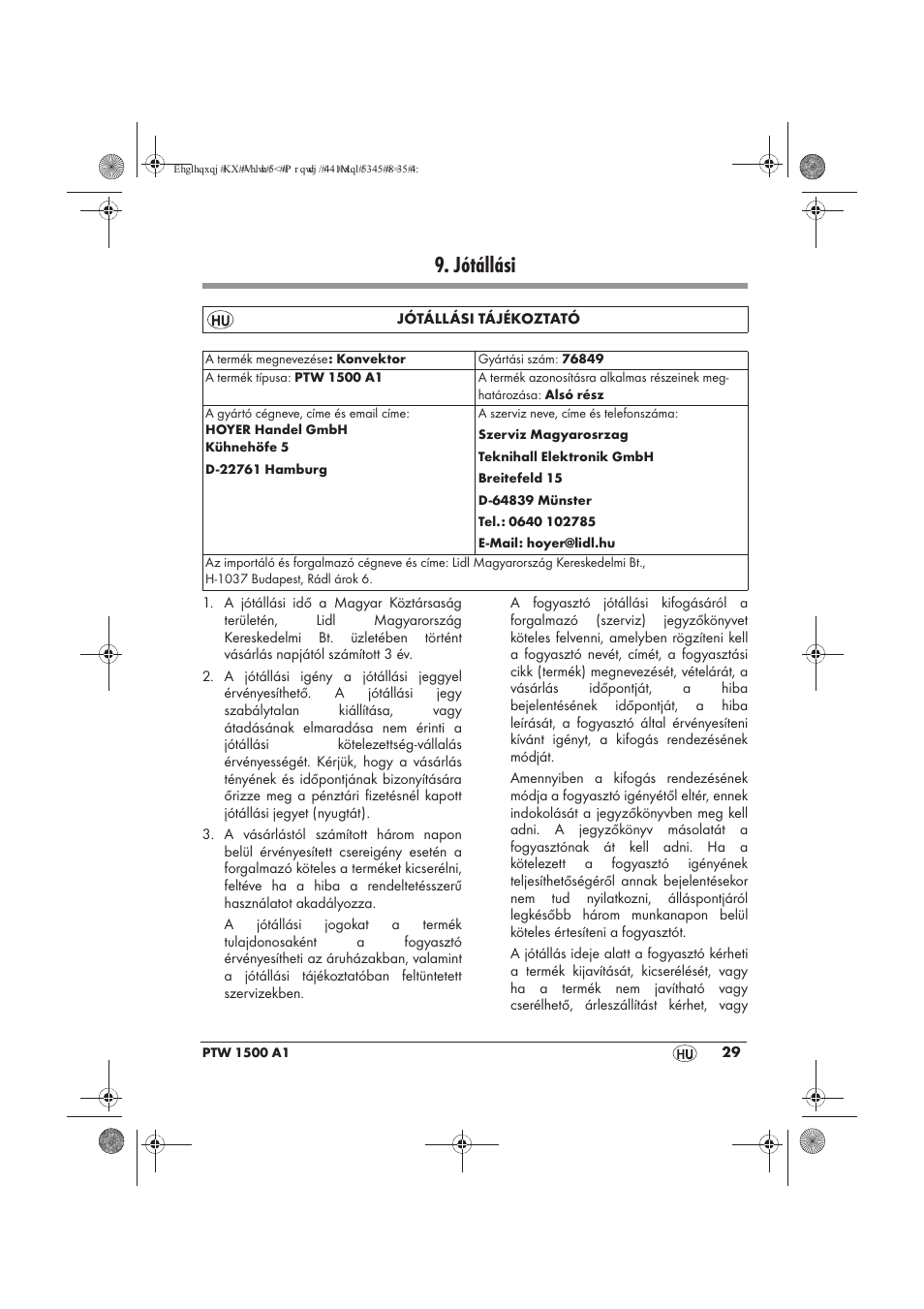 Jótállási | Powerfix PTW 1500 A1 User Manual | Page 31 / 74