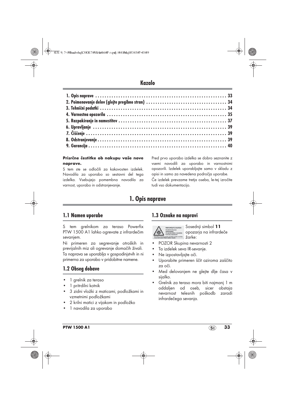 Opis naprave, Kazalo, 1 namen uporabe | 2 obseg dobave, 3 oznake na napravi | Powerfix PTW 1500 A1 User Manual | Page 35 / 74