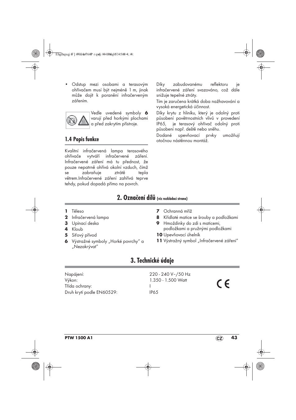 Označení dílů, Technické údaje, 4 popis funkce | Powerfix PTW 1500 A1 User Manual | Page 45 / 74