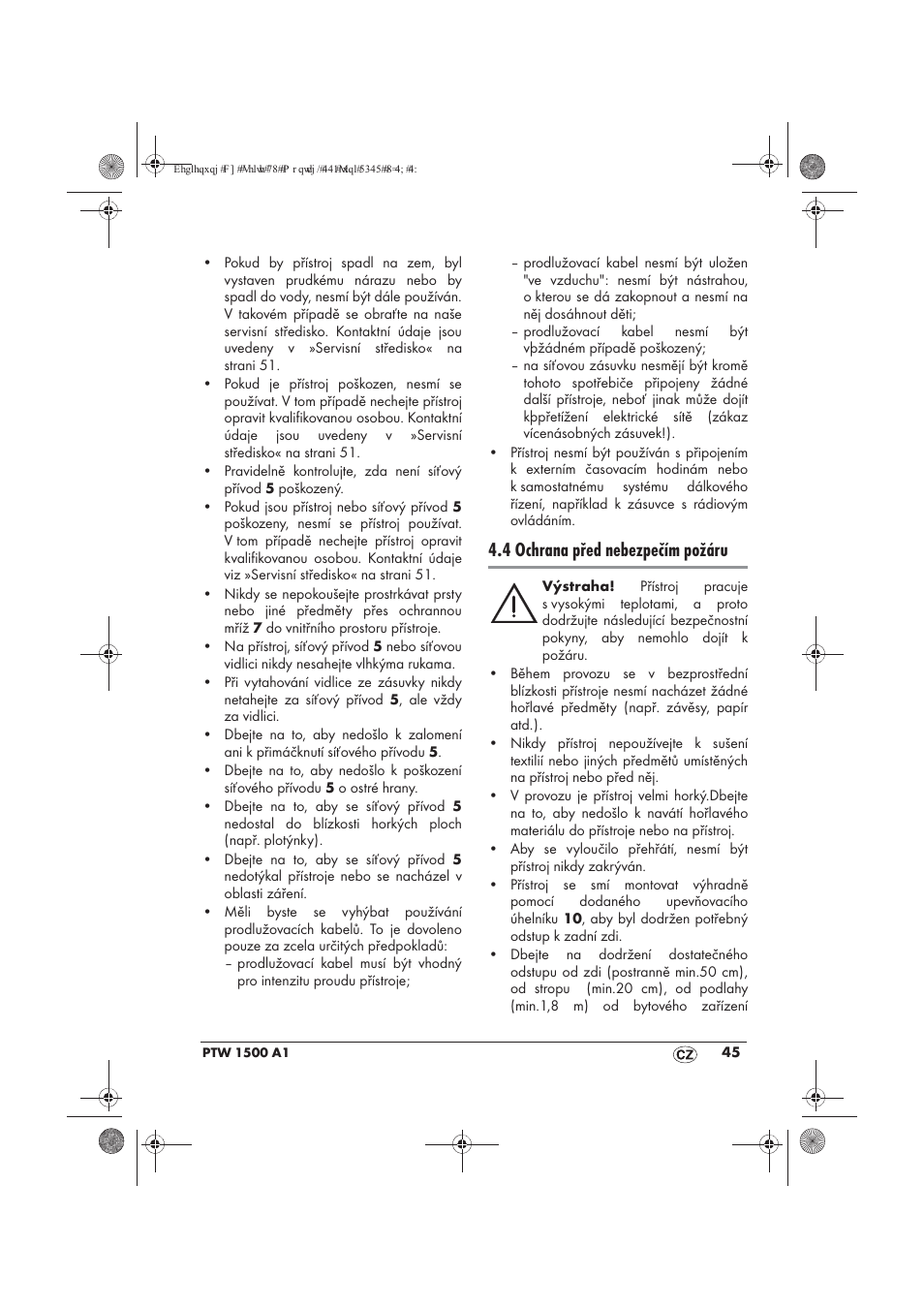 4 ochrana před nebezpečím požáru | Powerfix PTW 1500 A1 User Manual | Page 47 / 74