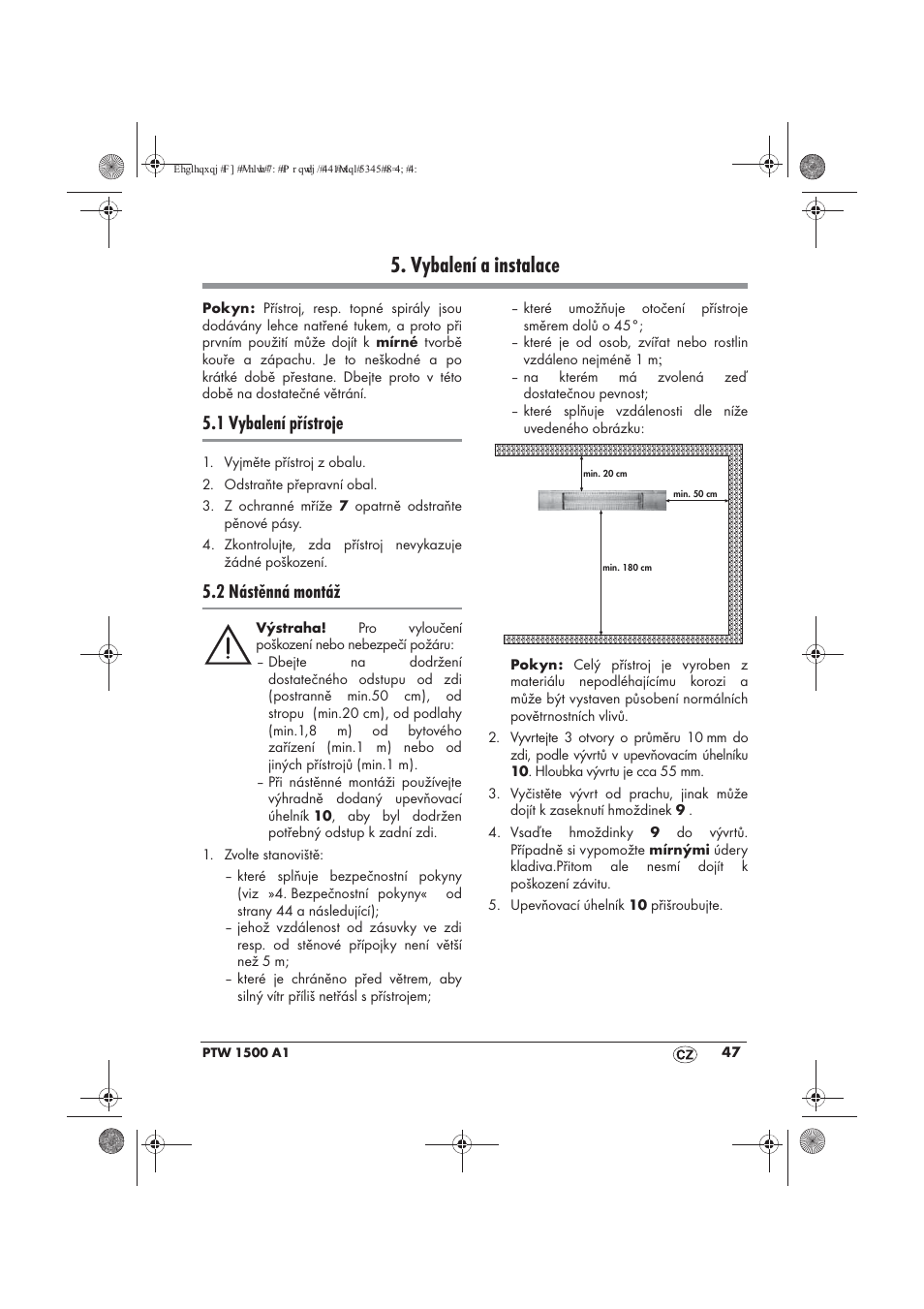 Vybalení a instalace, 1 vybalení přístroje, 2 nástěnná montáž | Powerfix PTW 1500 A1 User Manual | Page 49 / 74