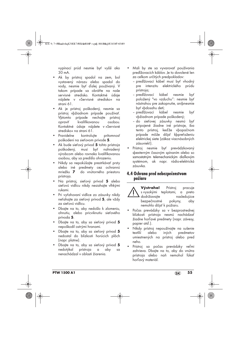 4 ochrana pred nebezpečenstvom požiaru | Powerfix PTW 1500 A1 User Manual | Page 57 / 74