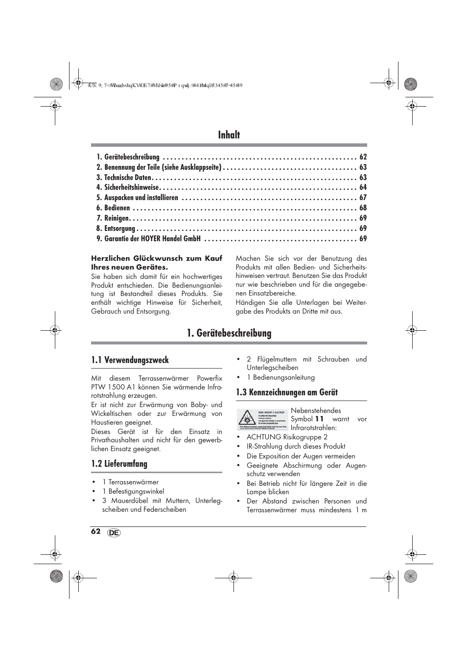 Inhalt, Gerätebeschreibung, 1 verwendungszweck | 2 lieferumfang, 3 kennzeichnungen am gerät | Powerfix PTW 1500 A1 User Manual | Page 64 / 74