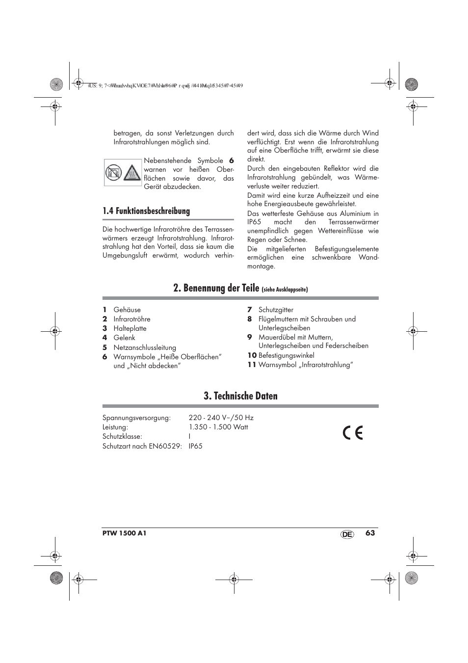 Benennung der teile, Technische daten, 4 funktionsbeschreibung | Powerfix PTW 1500 A1 User Manual | Page 65 / 74