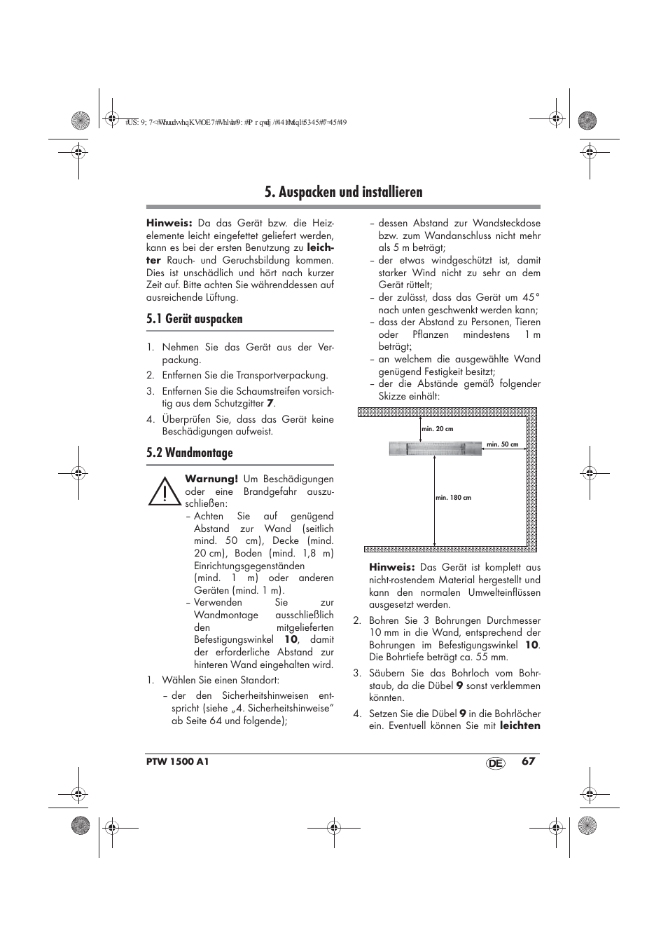 Auspacken und installieren, 1 gerät auspacken, 2 wandmontage | Powerfix PTW 1500 A1 User Manual | Page 69 / 74