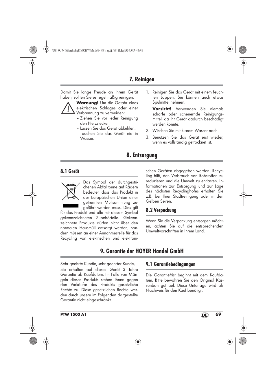Reinigen, Entsorgung, Garantie der hoyer handel gmbh | 1 gerät, 2 verpackung, 1 garantiebedingungen | Powerfix PTW 1500 A1 User Manual | Page 71 / 74