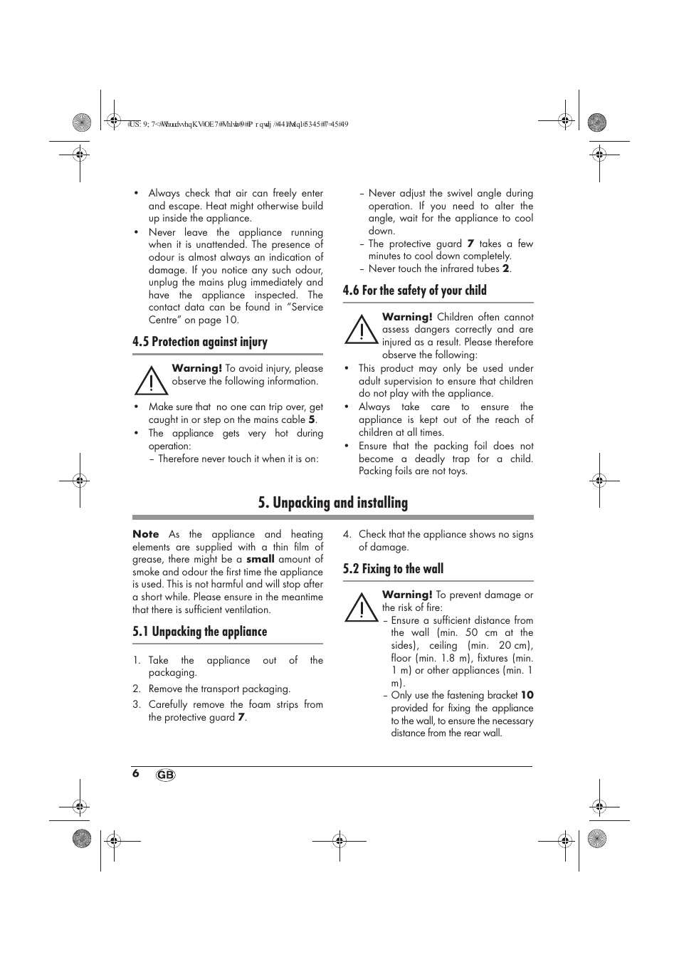 Unpacking and installing, 5 protection against injury, 6 for the safety of your child | 1 unpacking the appliance, 2 fixing to the wall | Powerfix PTW 1500 A1 User Manual | Page 8 / 74