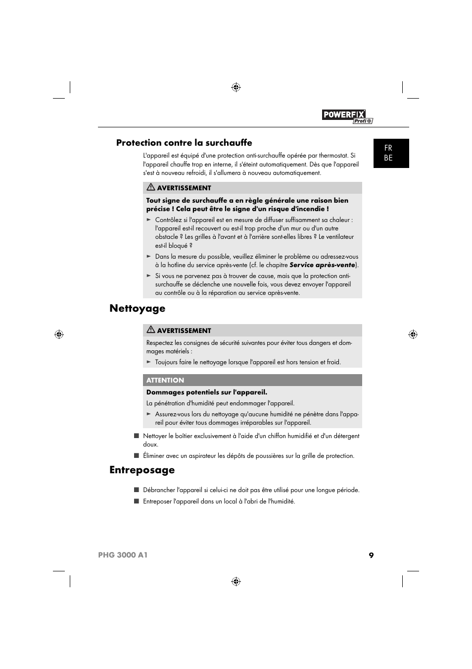 Nettoyage, Entreposage, Protection contre la surchauﬀ e | Fr be | Powerfix PHG 2500 A1 User Manual | Page 11 / 50