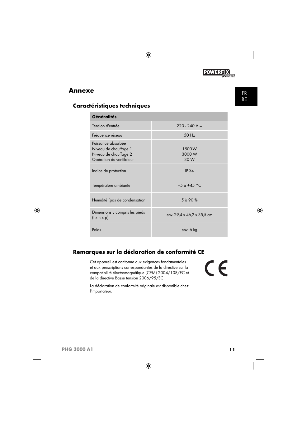 Annexe, Caractéristiques techniques, Remarques sur la déclaration de conformité ce | Fr be | Powerfix PHG 2500 A1 User Manual | Page 13 / 50