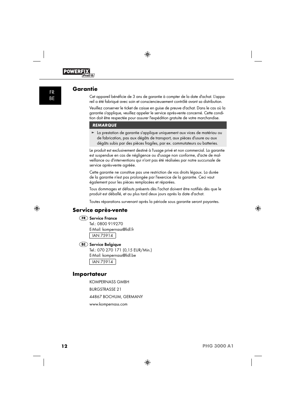 Garantie, Service après-vente, Importateur | Fr be | Powerfix PHG 2500 A1 User Manual | Page 14 / 50