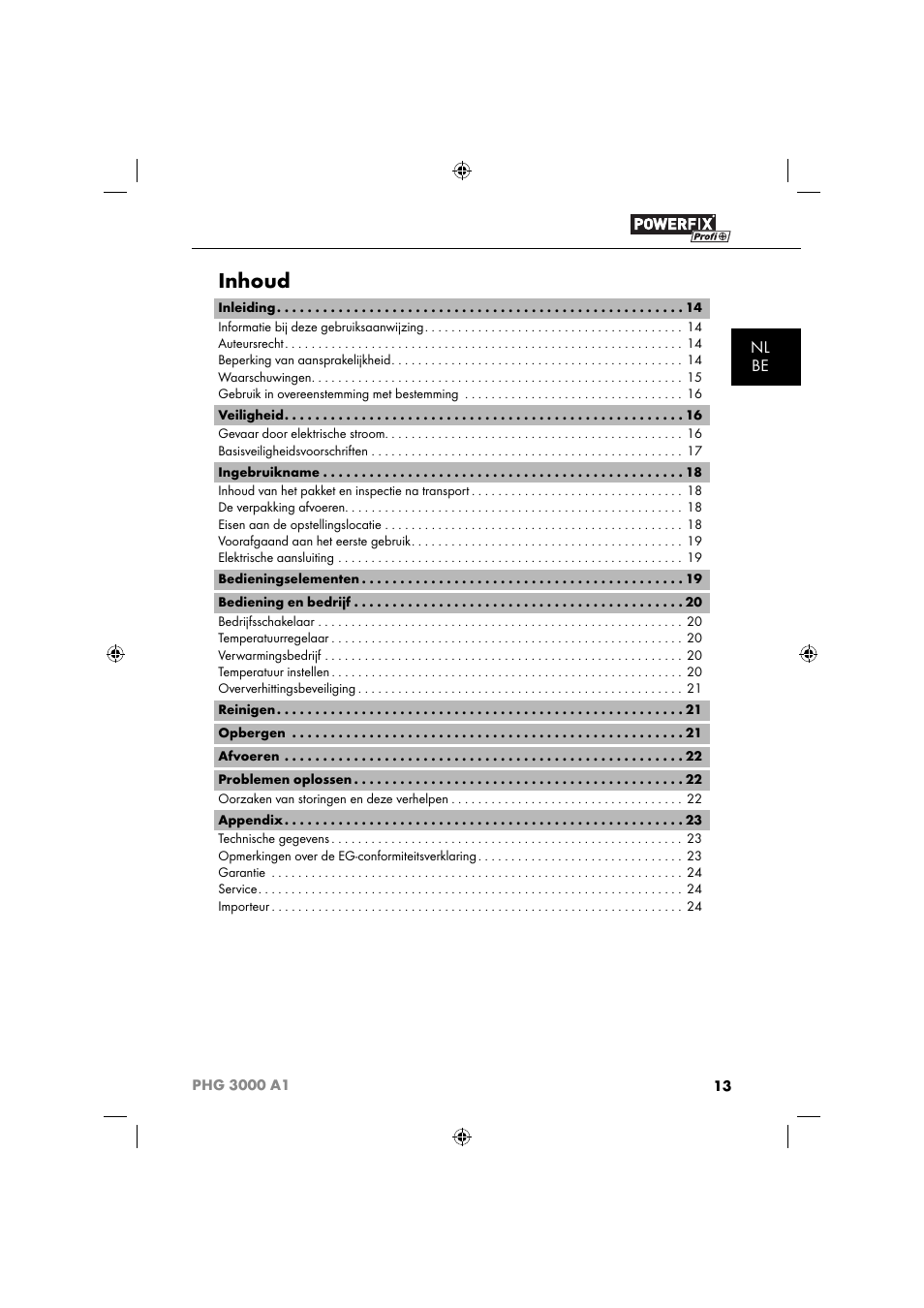 Inhoud, Nl be | Powerfix PHG 2500 A1 User Manual | Page 15 / 50