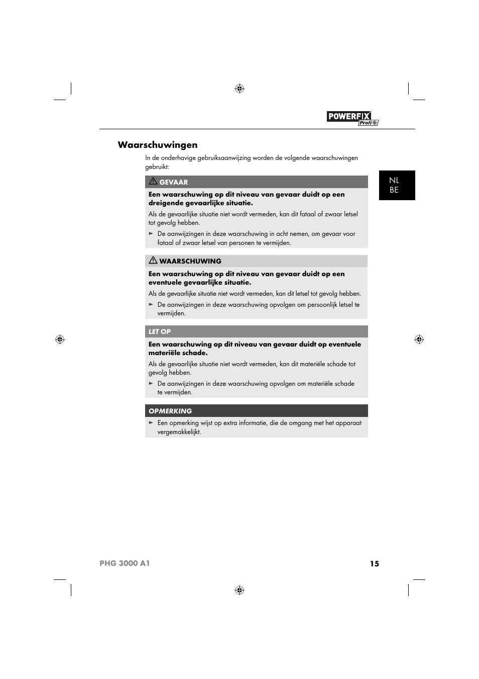 Waarschuwingen, Nl be | Powerfix PHG 2500 A1 User Manual | Page 17 / 50