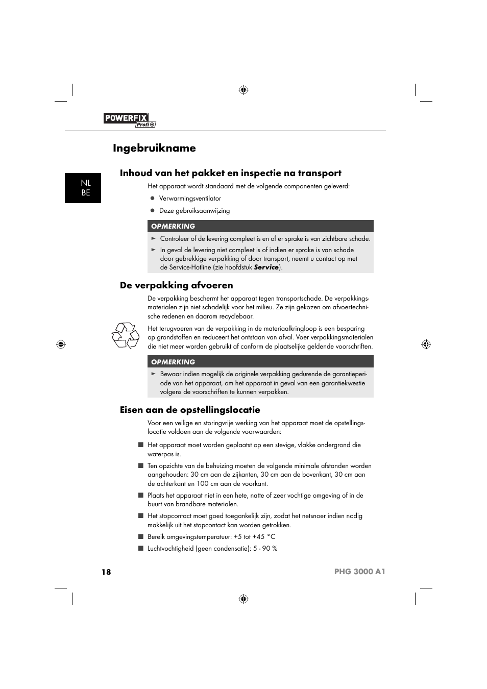 Ingebruikname, Inhoud van het pakket en inspectie na transport, De verpakking afvoeren | Eisen aan de opstellingslocatie, Nl be | Powerfix PHG 2500 A1 User Manual | Page 20 / 50