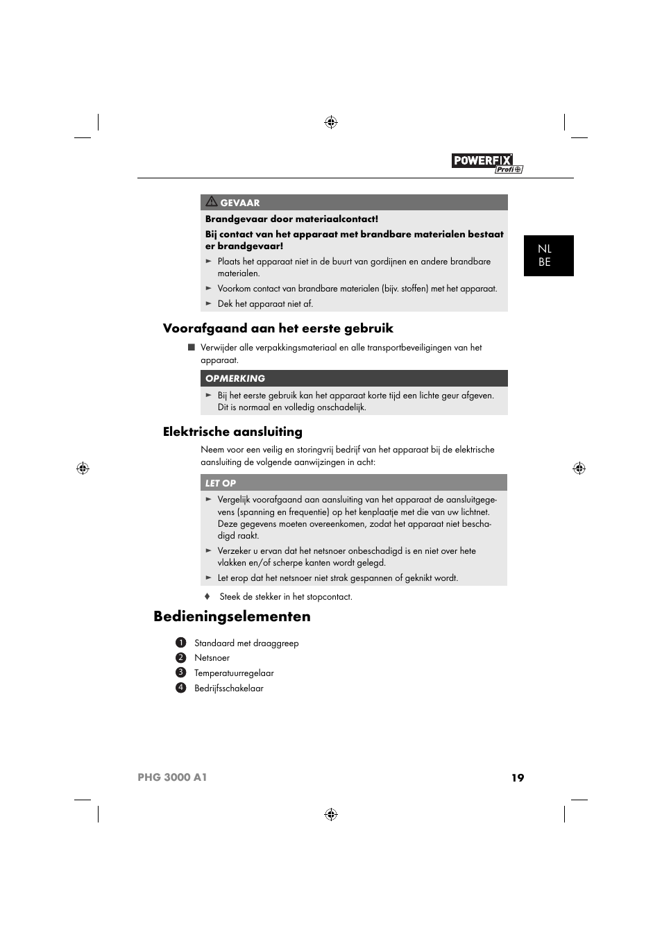 Bedieningselementen, Voorafgaand aan het eerste gebruik, Elektrische aansluiting | Nl be | Powerfix PHG 2500 A1 User Manual | Page 21 / 50