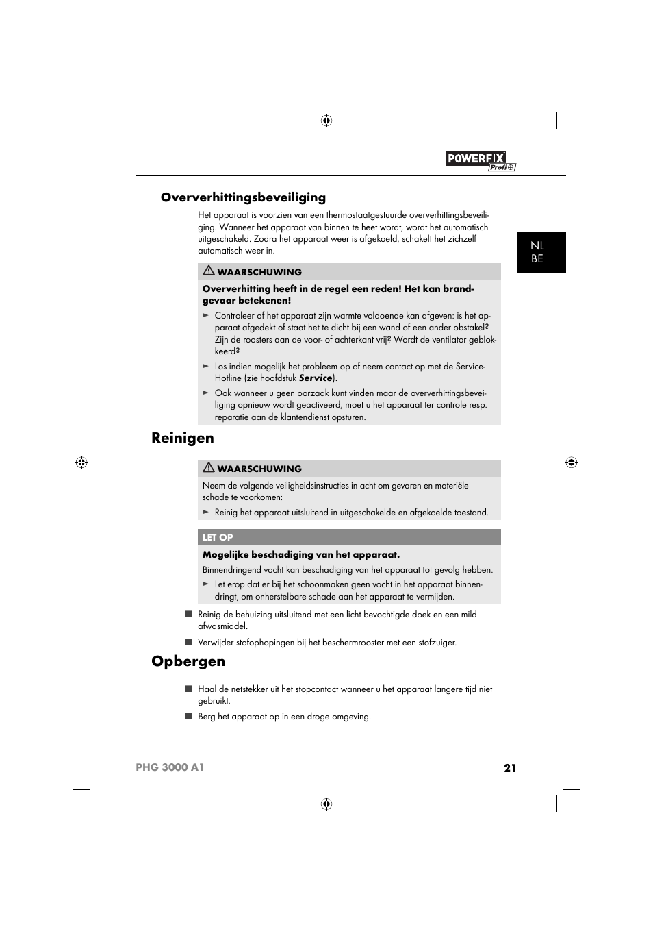Reinigen, Opbergen, Oververhittingsbeveiliging | Nl be | Powerfix PHG 2500 A1 User Manual | Page 23 / 50