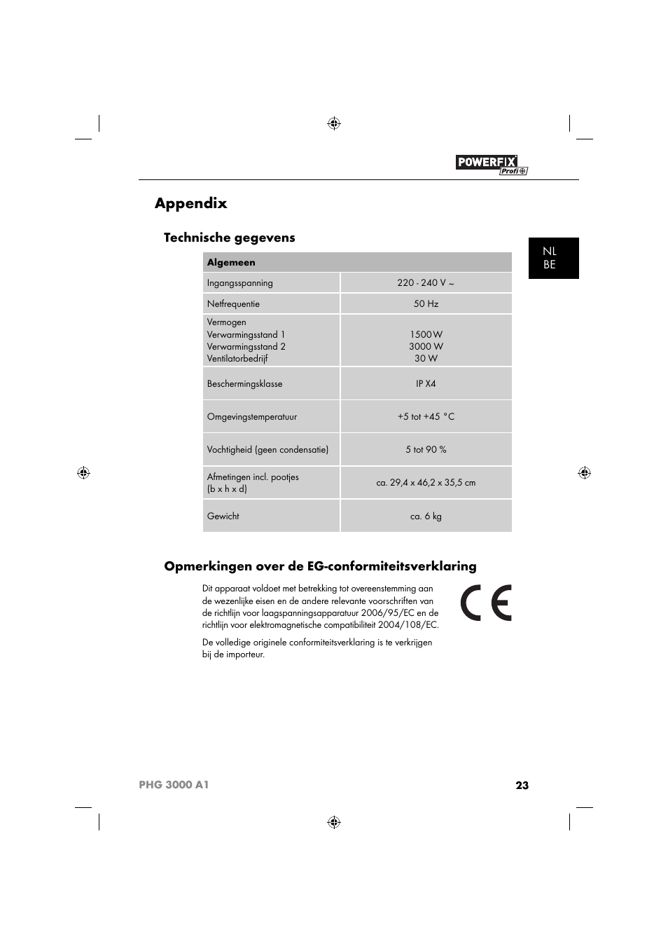 Appendix, Technische gegevens, Opmerkingen over de eg-conformiteitsverklaring | Nl be | Powerfix PHG 2500 A1 User Manual | Page 25 / 50