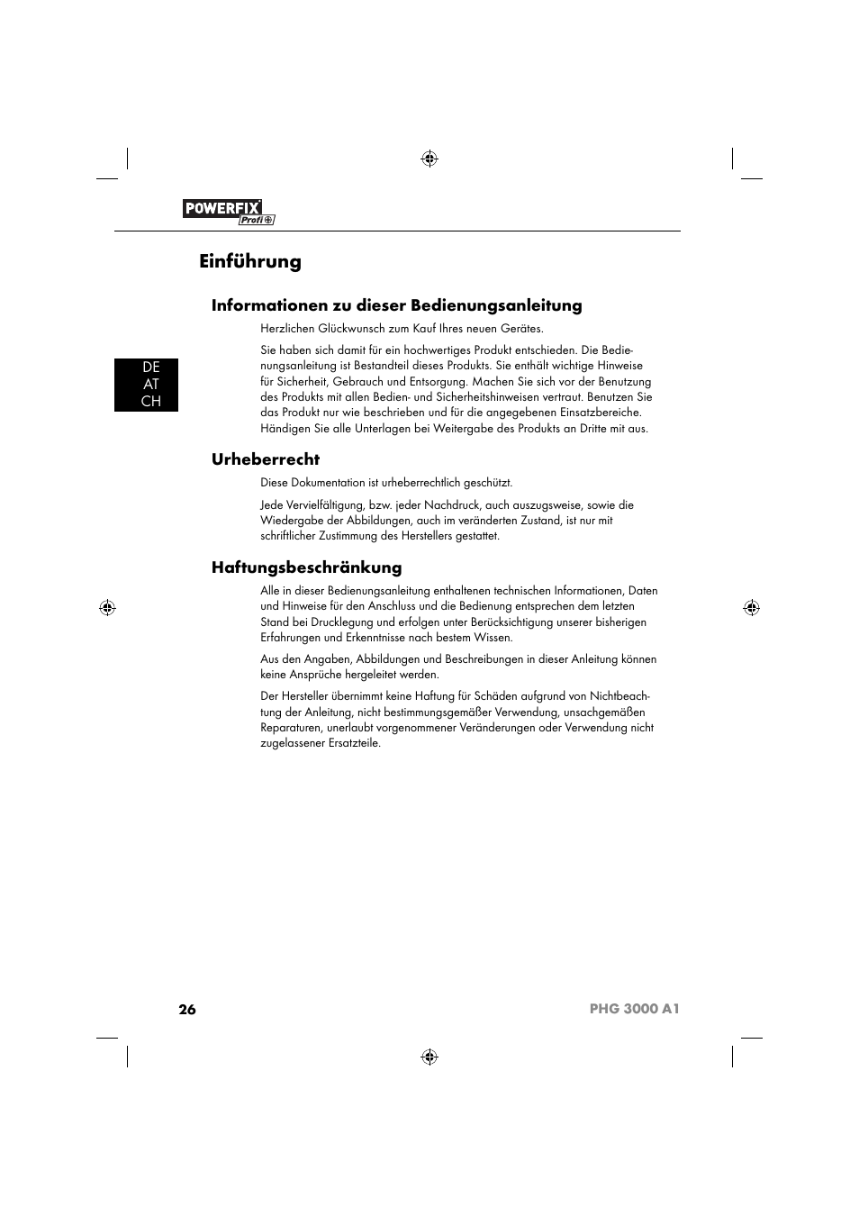 Einführung, Informationen zu dieser bedienungsanleitung, Urheberrecht | Haftungsbeschränkung, De at ch | Powerfix PHG 2500 A1 User Manual | Page 28 / 50