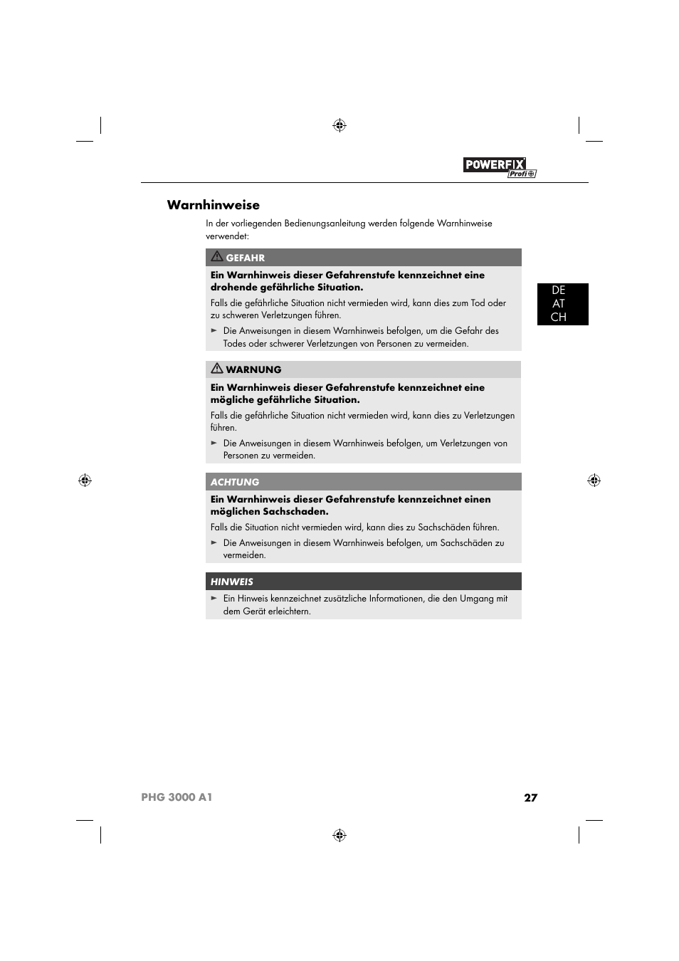 Warnhinweise, De at ch | Powerfix PHG 2500 A1 User Manual | Page 29 / 50