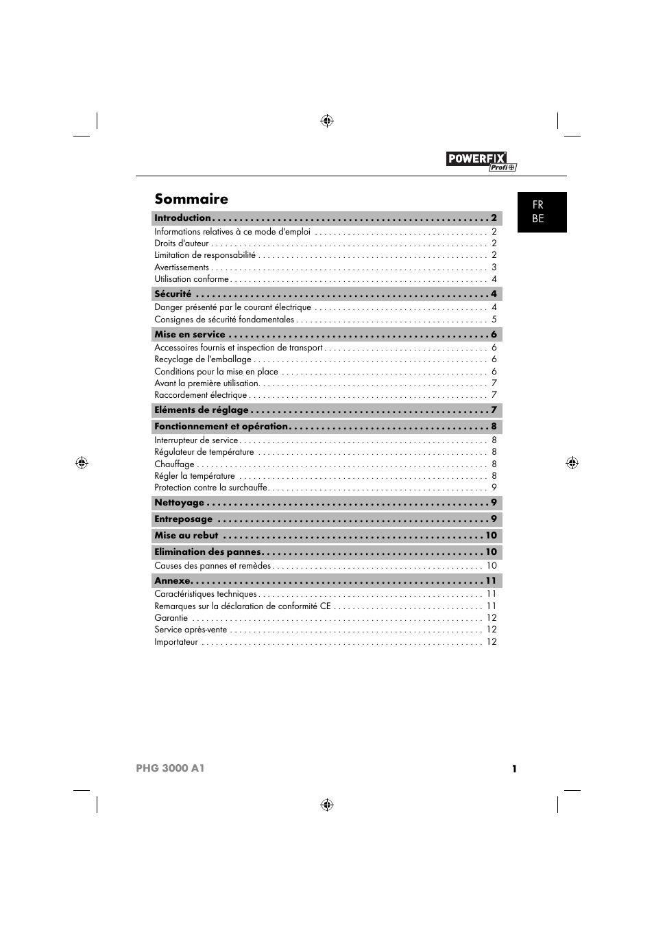 Sommaire, Fr be | Powerfix PHG 2500 A1 User Manual | Page 3 / 50