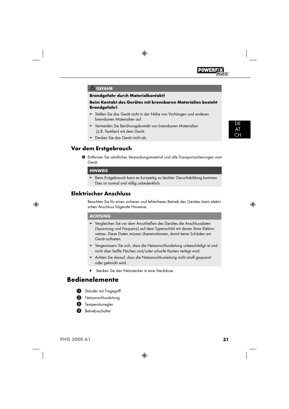 Bedienelemente, Vor dem erstgebrauch, Elektrischer anschluss | De at ch | Powerfix PHG 2500 A1 User Manual | Page 33 / 50