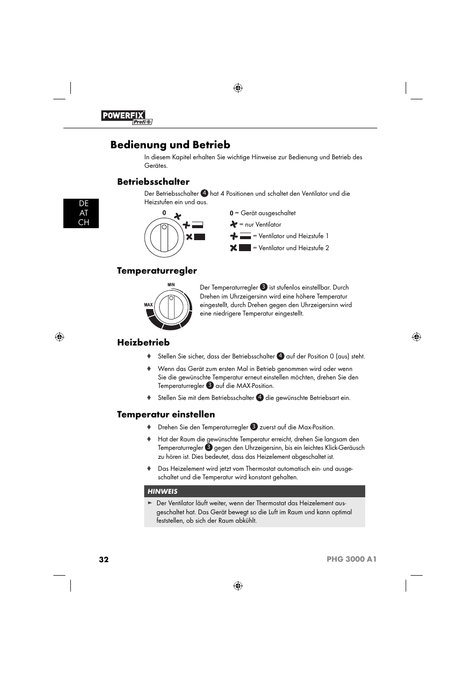 Bedienung und betrieb, Betriebsschalter, Temperaturregler | Heizbetrieb, Temperatur einstellen, De at ch | Powerfix PHG 2500 A1 User Manual | Page 34 / 50